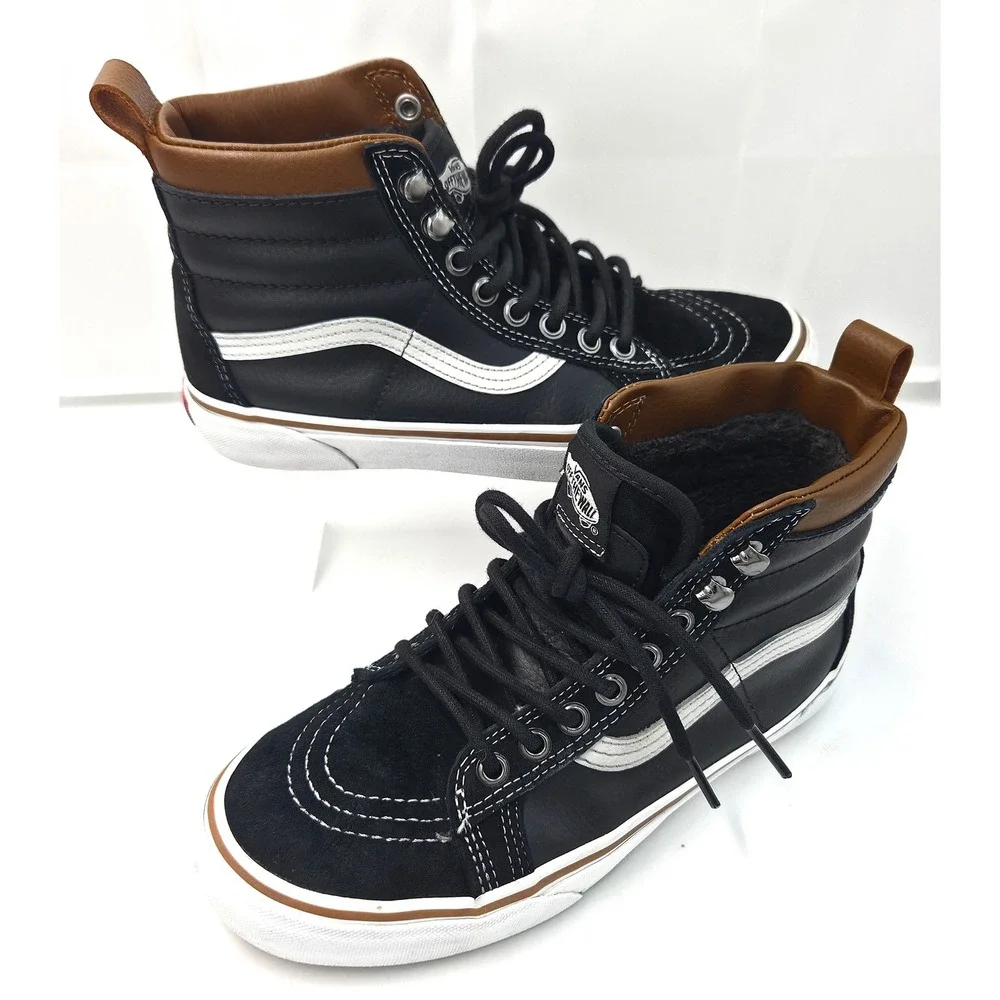 Vans Sk8-Hi MTE Black Leather Suede High Top Sneakers Brown Trim Faux Fur Lining